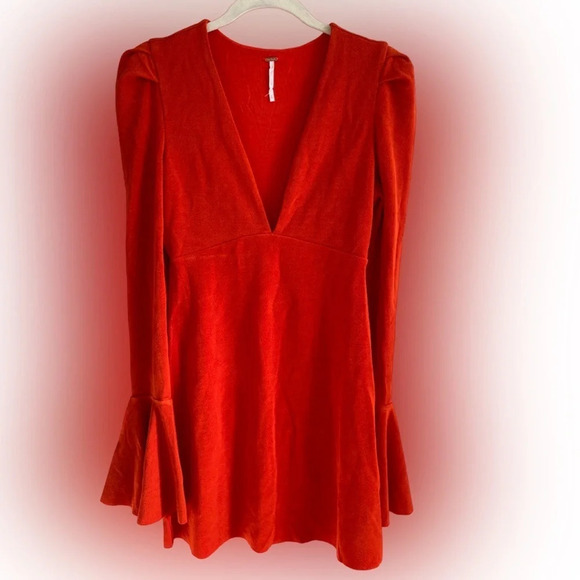 FREE People 70’s Orange Deep V Bell Sleeve Mini Dress Size S - Picture 2 of 12